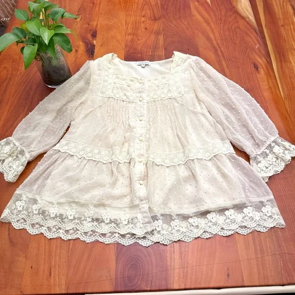 Vintage Romantic Boho Cottagecore Lace Collar Cream White Button Down Blouse - Picture 7 of 15
